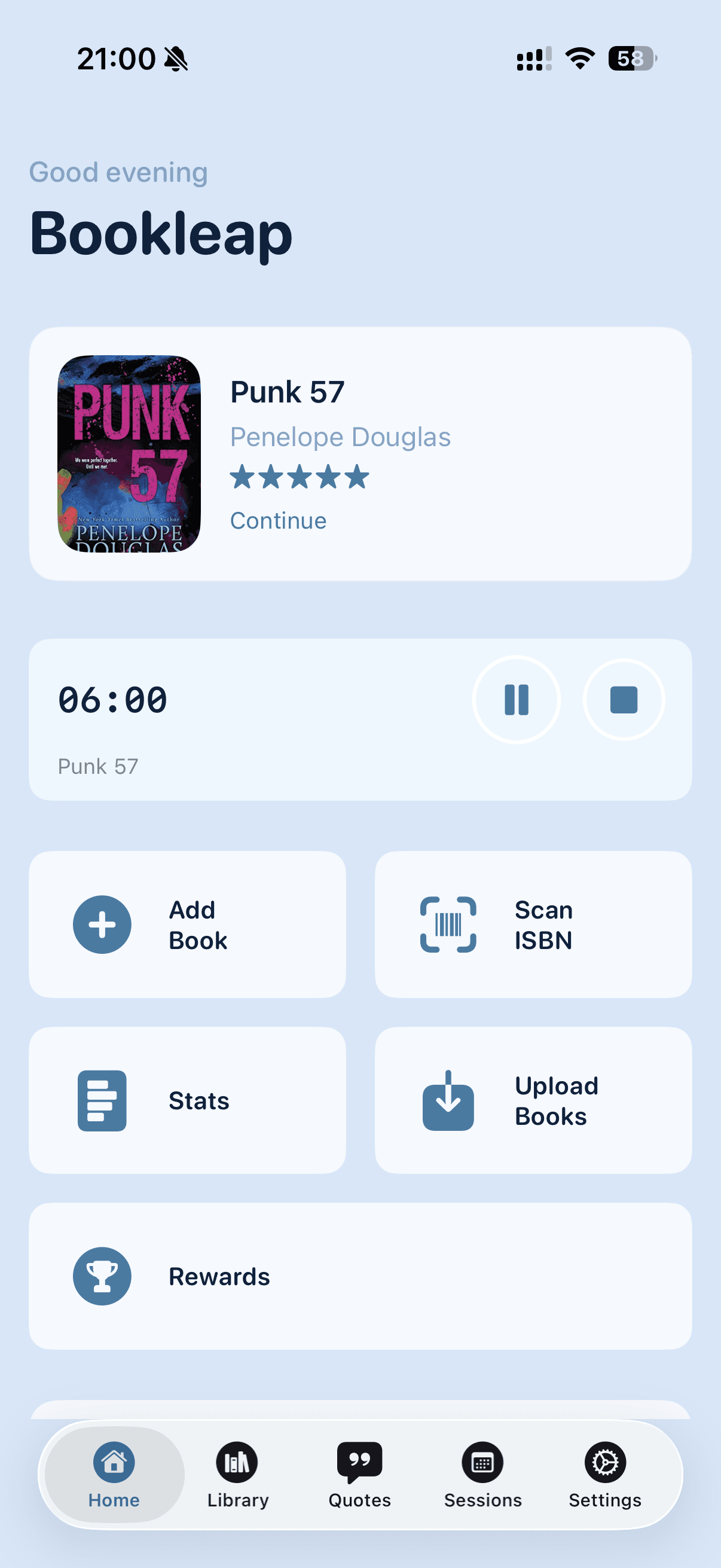 Головний екран Bookleap зі швидкими діями для читання і бібліотеки