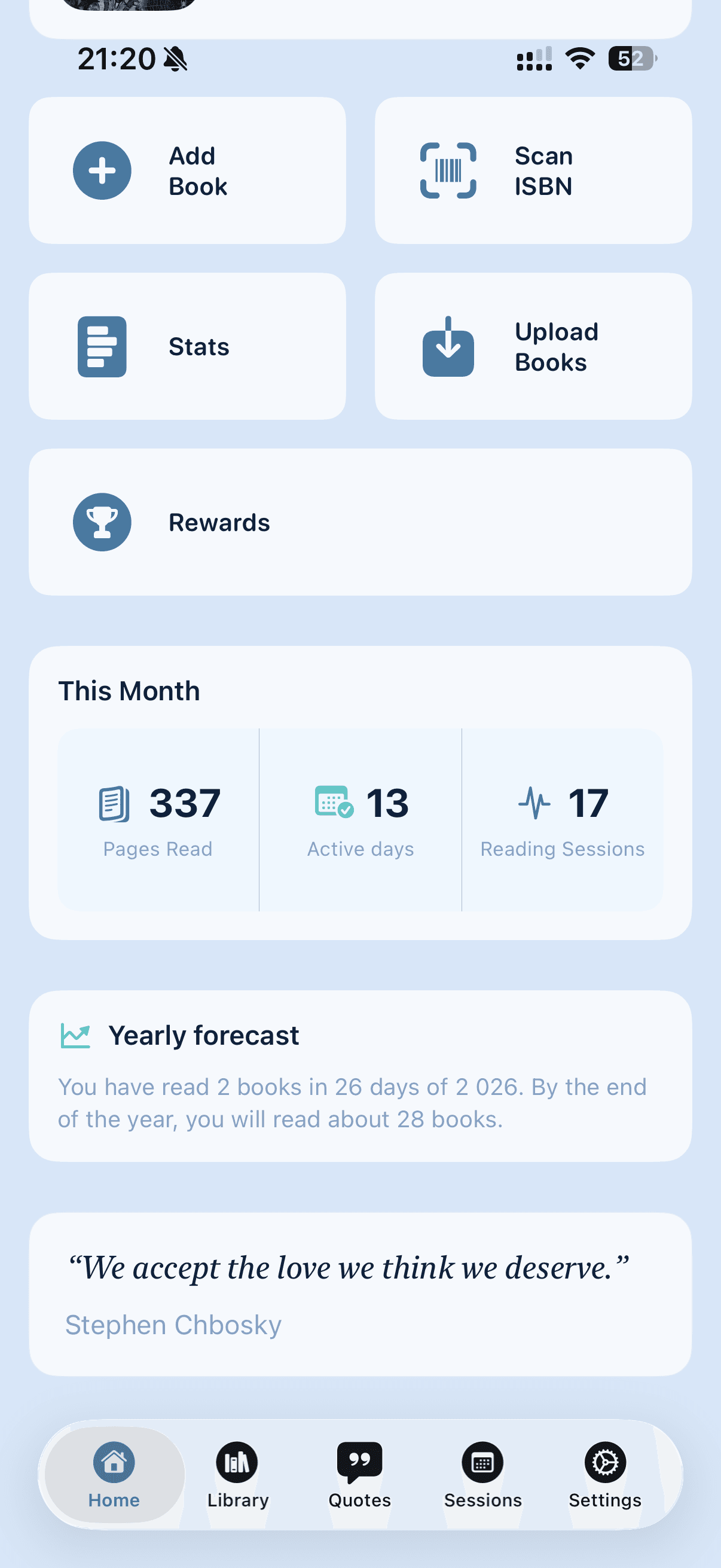 Огляд прогресу читання на головному екрані Bookleap