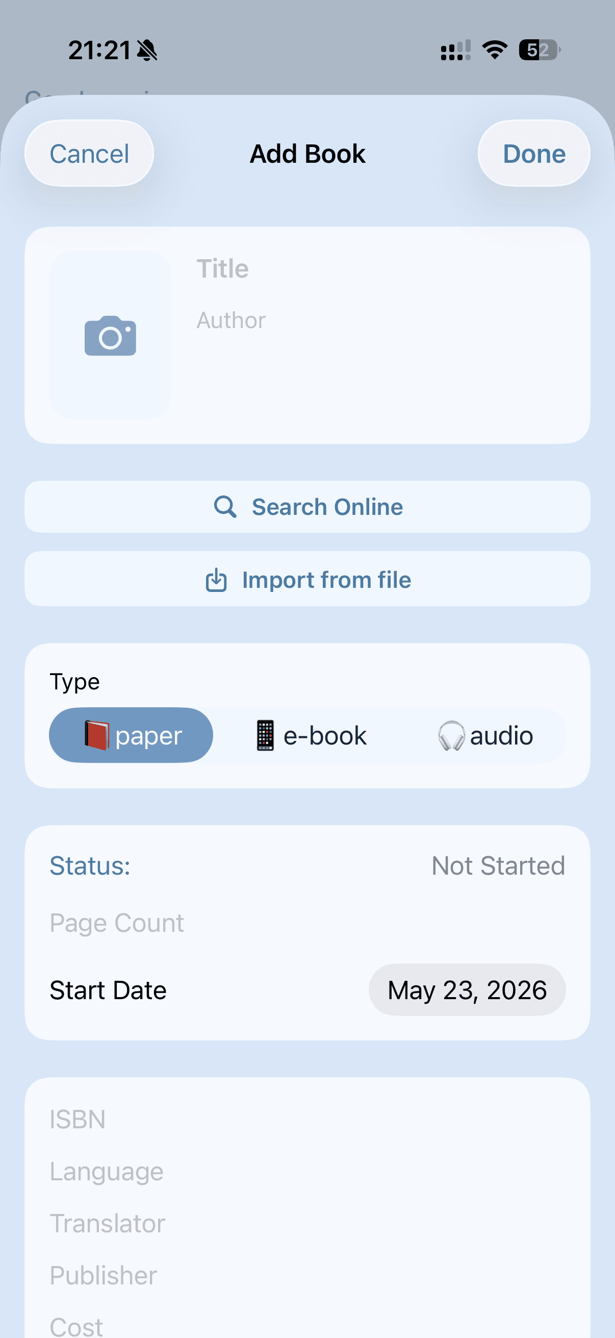 Екран додавання книжки в Bookleap