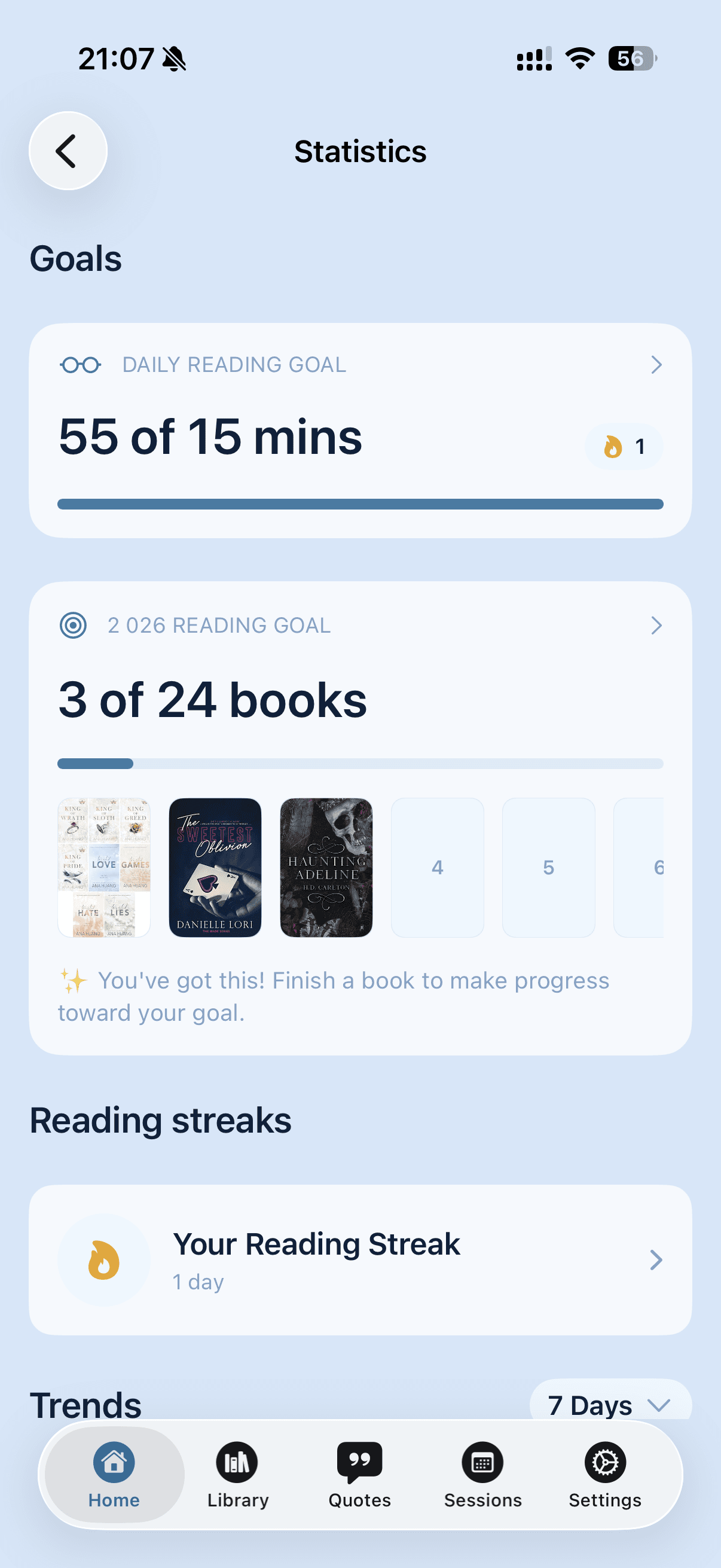 Екран статистики Bookleap з цілями читання