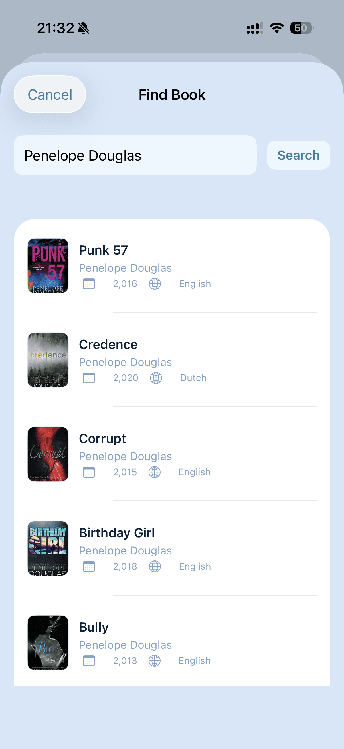 Екран пошуку книжок у Bookleap
