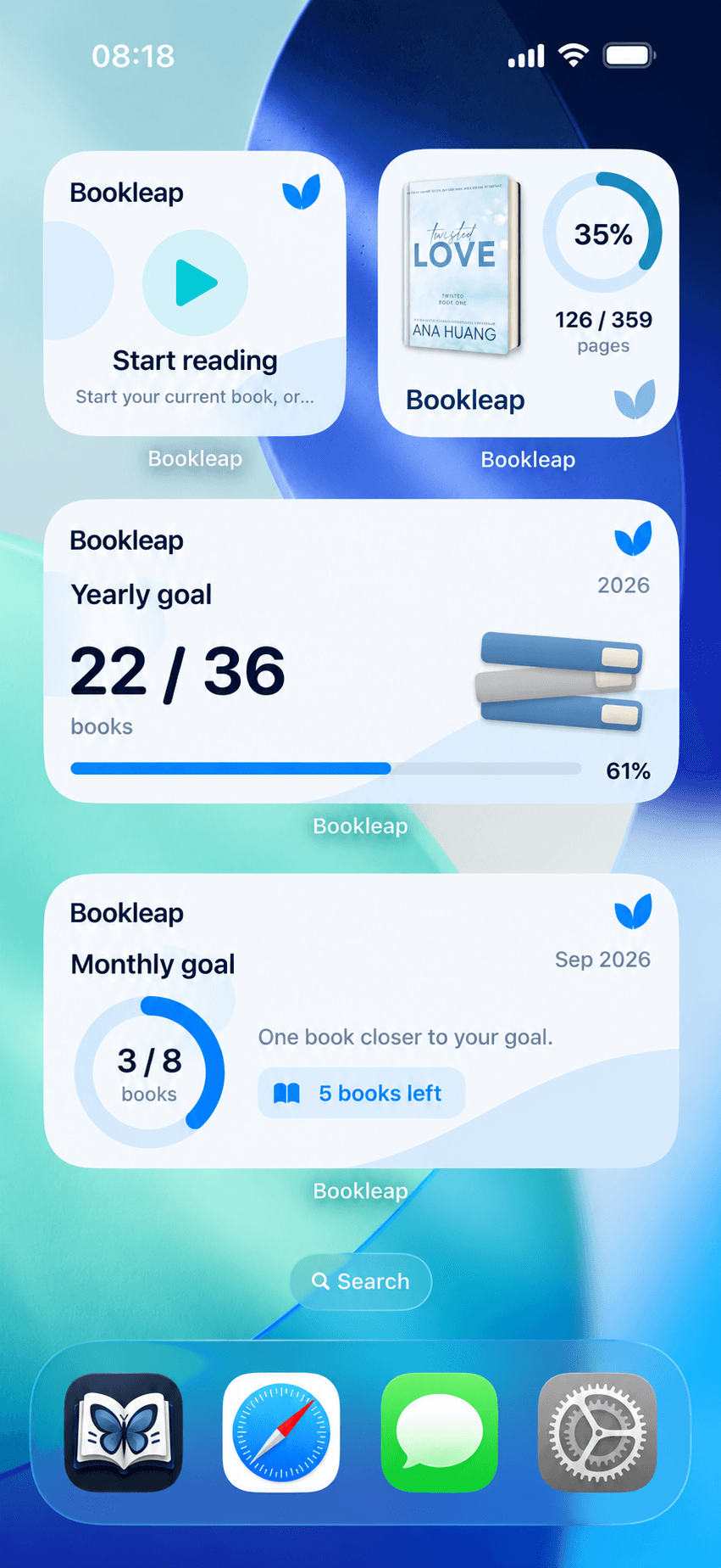 Bookleap widgets on the iPhone home screen