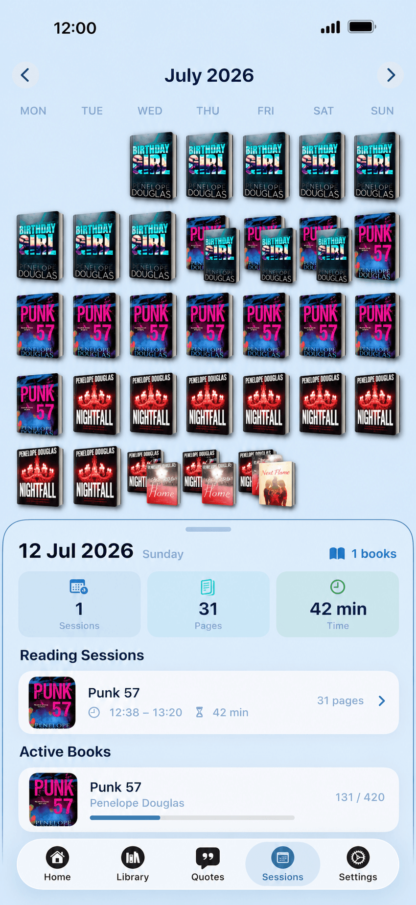 Bookleap reading calendar with book covers and daily sessions