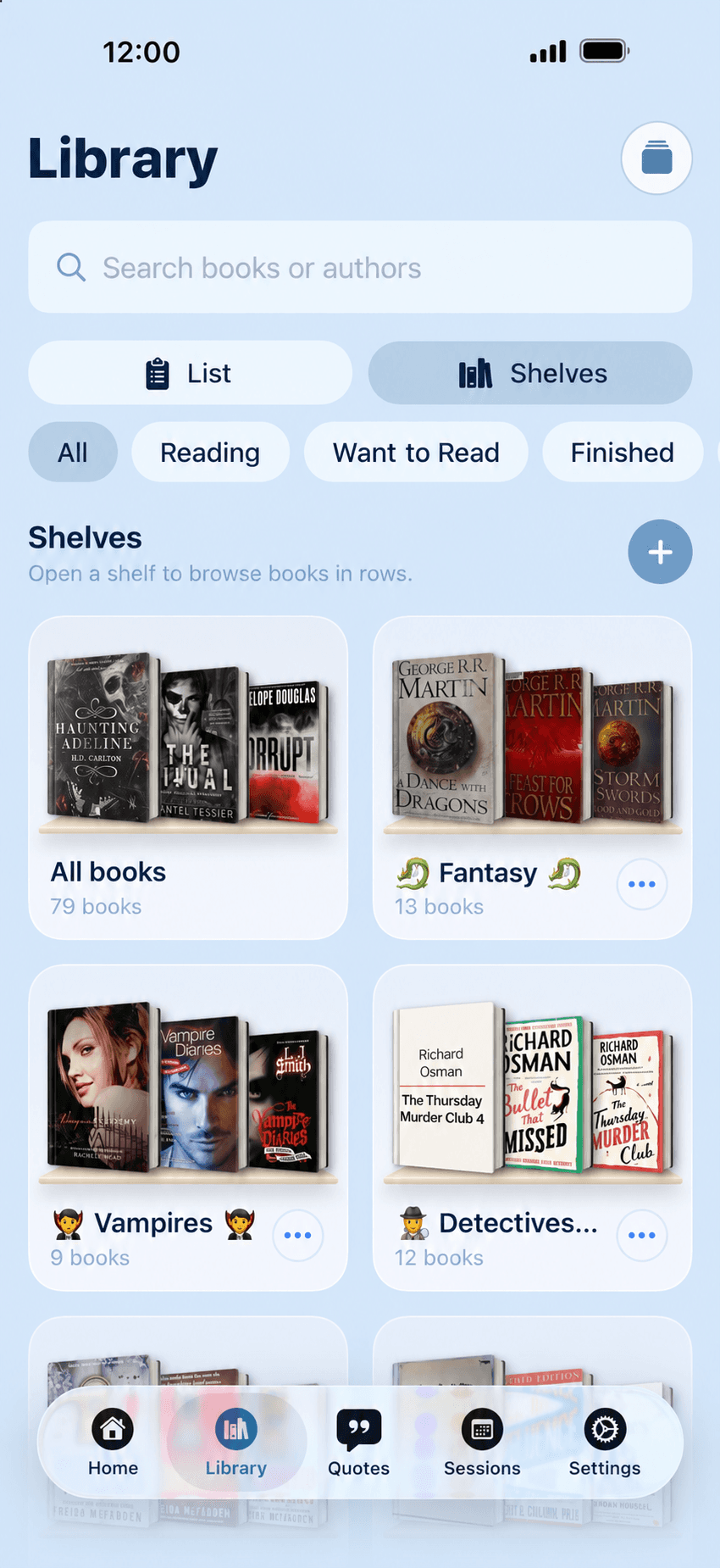 Bookleap library with shelves, filters, and search