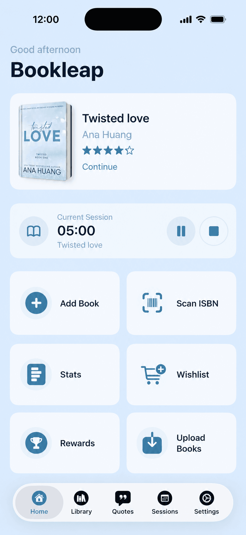 Bookleap home screen with the current book, reading timer, and quick actions